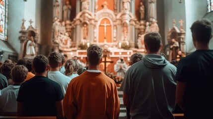 Congregation attending sunday mass in a catholic church