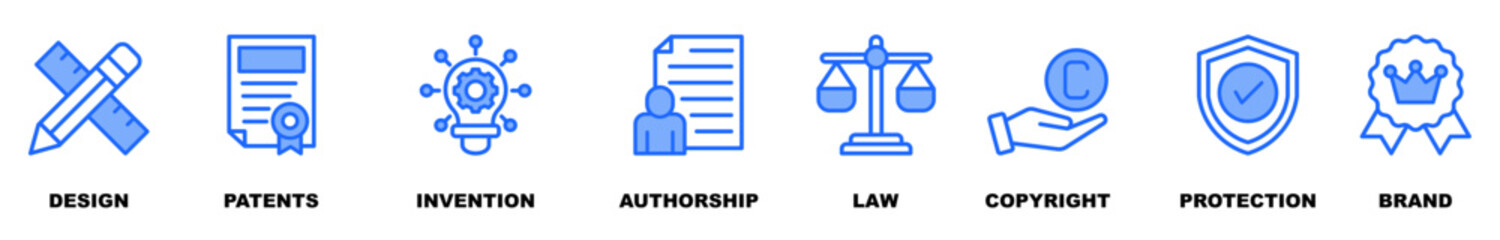 Intellectual property banner web icon vector illustration concept for trademark with icon of design, patents, discovery, authorship, law, copyright, protection, and brand