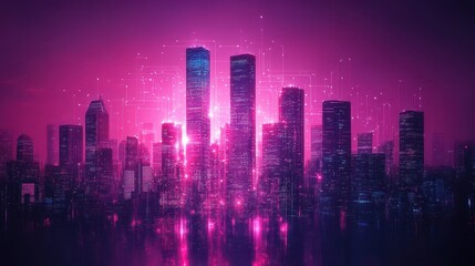 Cityscape at night, digital network, futuristic glow, urban background, website banner