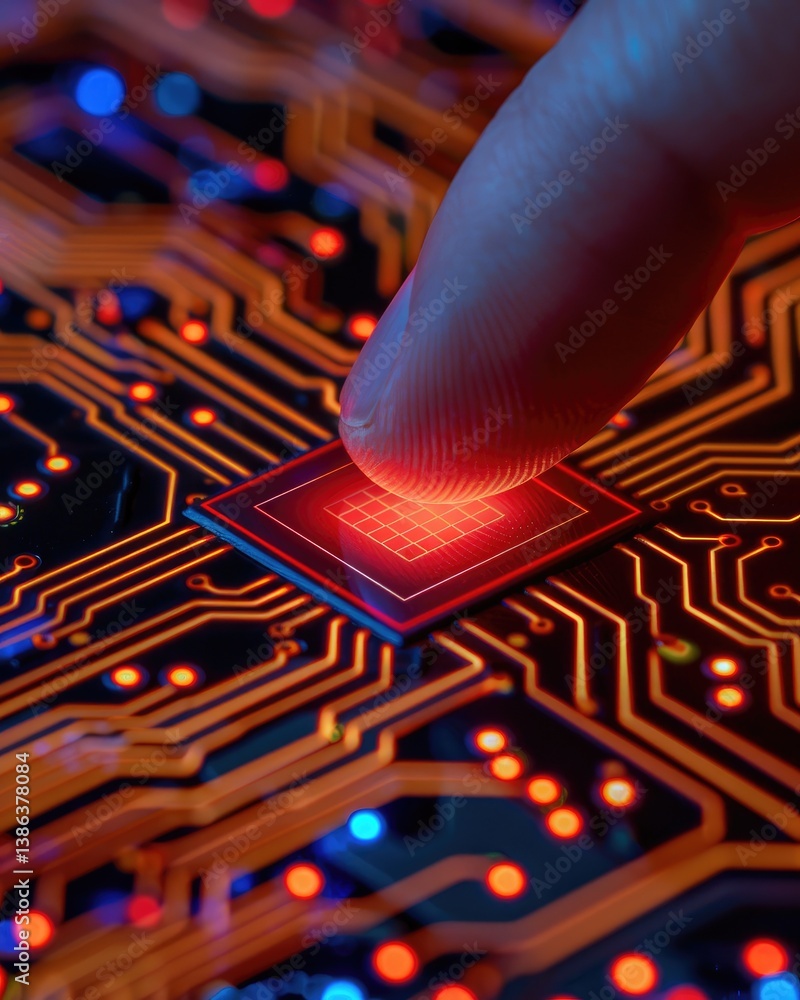 Aufkleber fingertip accessing high tech circuit board microchip digital technology innovation