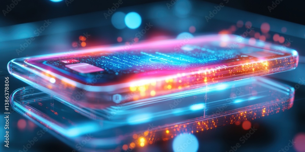 Poster colorful smartphone displaying digital interface while resting on a reflective surface with blurred 