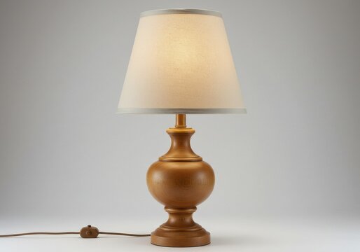 A turned wood lamp with a cream colored shade sitting on a white surface with a gray background