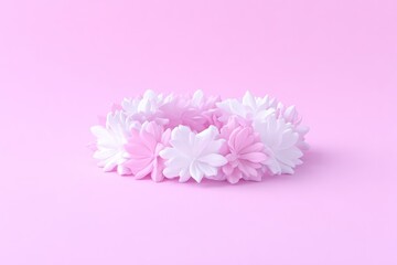 Fototapeta premium Minimalist 3D render of a floral wreath made of pink and white flowers on a solid pink background.