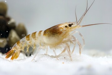 Close Up of Freshwater Amano Shrimp Walking on White Sand