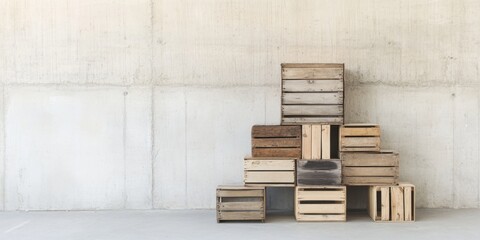 A collection of stacked wooden crates carefully arranged against a concrete wall backdrop