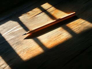 Pencil Lying on Wood Surface Bathed in Dramatic Window Light