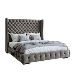 Obraz premium Upholstered Bed Frame with Tufted High Headboard Isolated on Transparent Background