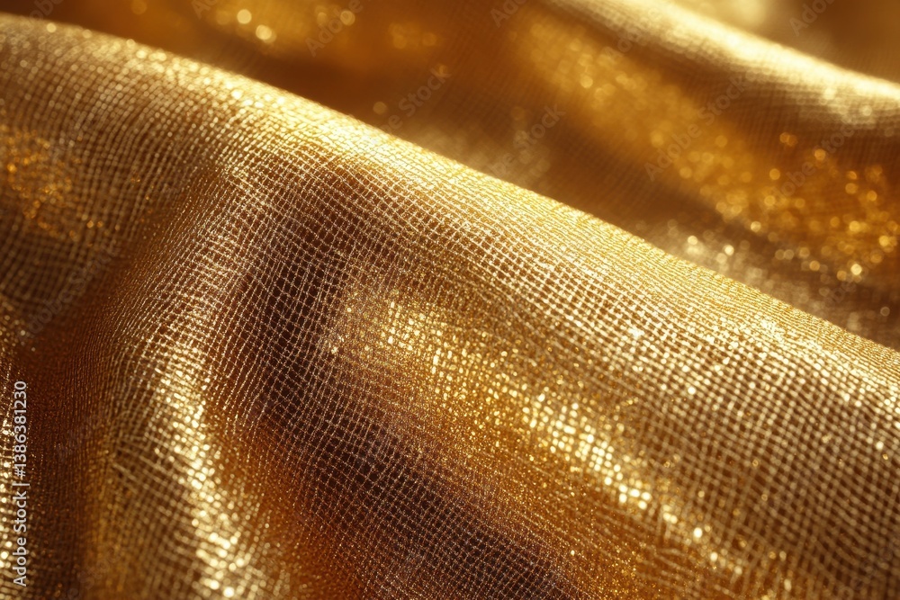 Poster Golden fabric draped elegantly under soft lighting with shimmering texture and sparkles creating a luxurious and warm atmosphere ideal for festive occasions and decoration