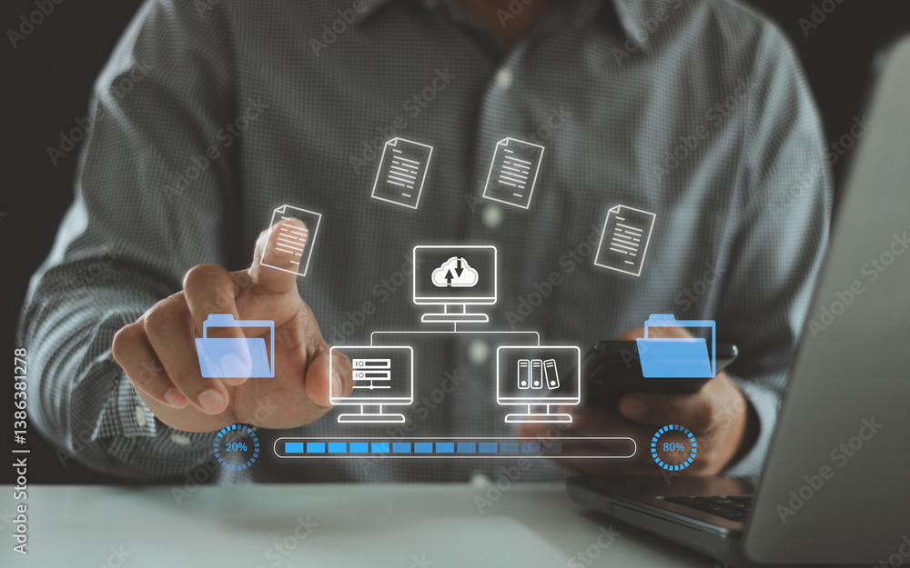 Leinwandbilder transfer files data system relocation on cloud system technology concept. business person hand using