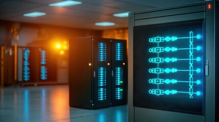 Futuristic quantum supercomputer running advanced algorithms in a dimly lit server room