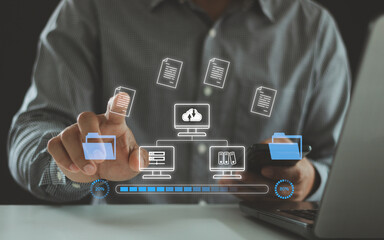 Transfer files data system relocation on cloud system technology concept. Business person hand...