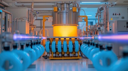 Giant glowing fusion reactor with magnetic fields and plasma arcs in high-tech laboratory setting