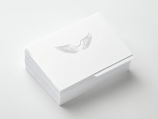Stack of White Cards with Embossed Wings Logo on Clean Background