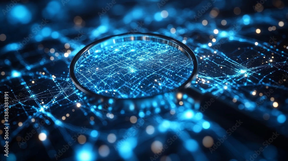 Aufkleber magnifying glass on digital network: exploring data connections in virtual blue interface
