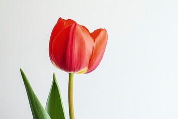 Fototapeta premium Close-up Red Tulip Flower with Green Leaves on White Background