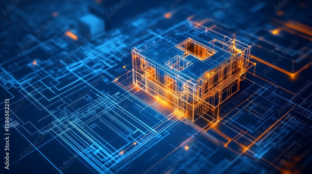 Poster futuristic digital blueprint of a building with neon abstract circuitry design