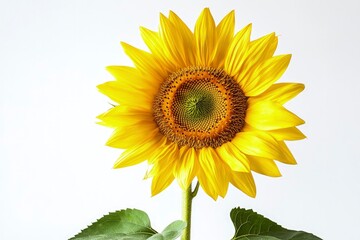 Obraz premium Blooming Sunflower Portrait with Yellow Petals and Green Leaves on White