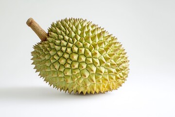 Close Up of a Single Durian Fruit with Spiky Husk on White