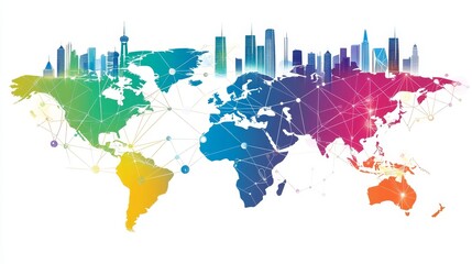 Colorful world map with skyline silhouettes and network connections