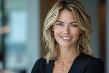 Brightly smiling woman in professional attire stands confidently in a modern office with large windows during daytime