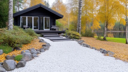 Fototapeta premium Modern cabin, autumn landscape