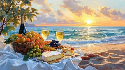 Experience a serene summer picnic at the beach as the sun sets, with white wine, cheese, olives, and vibrant fruits.