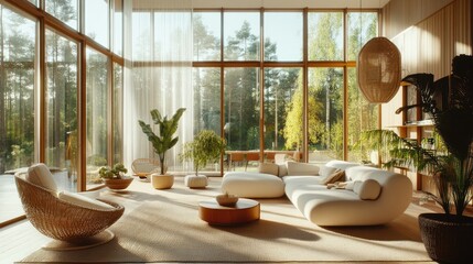 Serene Modern Living Room with Panoramic Forest Views