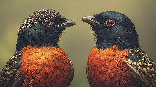 Speciation the wild A pair of closely related bird species showcasing subtle differences in plumage and behavior intricate details correct hands