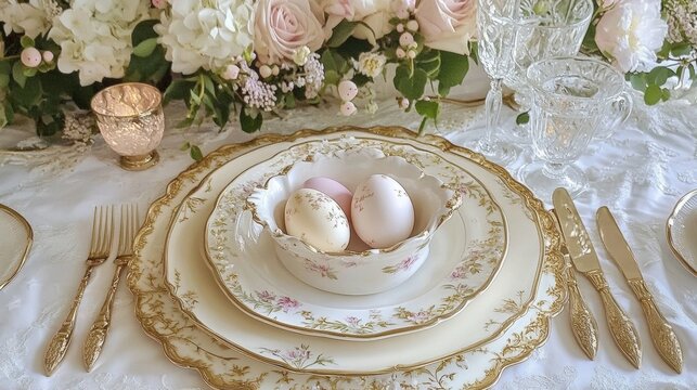 A beautifully arranged dining table showcasing an elegant porcelain setting with fine china plates featuring floral designs, a delicate bowl holding pastel-colored Easter eggs, and ornate cutlery incl