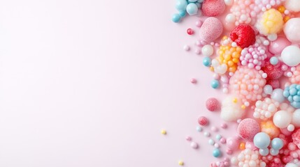 Colorful candy spheres scattered on a soft pink background, creating a vibrant and playful composition, and perfect for dessert and confectionery themes.