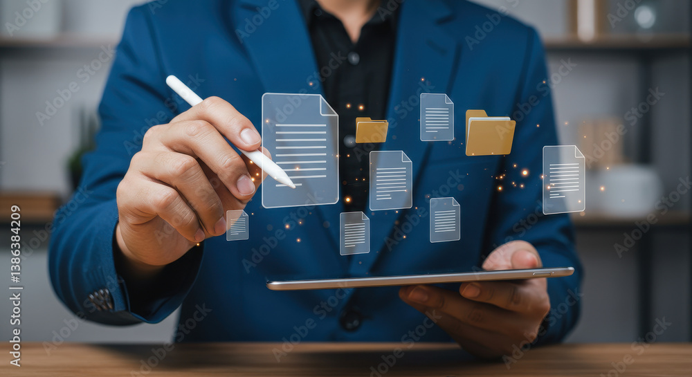 Poster digital document management: streamline workflow with electronic files, automation & cloud storage s