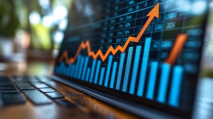 Abstract graph displaying financial growth on laptop screen with rising bar and line charts