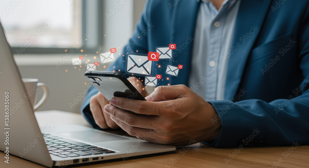 Poster email overload: business man checking inbox on phone & laptop. stay connected with new messages & no