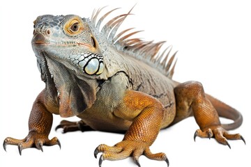 Obraz premium Iguana Posing on White Background Close Up Reptile Portrait