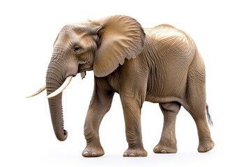 Fototapeta premium Walking African Elephant with Long Tusks Isolated on White Background