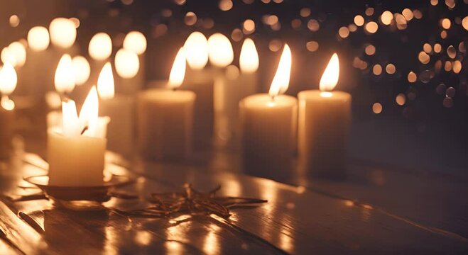 The flickering flames of the candles dance in harmony with the ling stars creating a mesmerizing display of light and shadows 4K