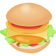 Hamburger illustration with cheese, chicken fried, fried egg, tomato and vegrtabe in the middle on transparent background