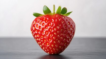 A single, ripe strawberry is shown, its surface textured with numerous achenes. It sits on a dark gray surface against a bright background. The image is high-quality, well-lit, showcasing the strawbe