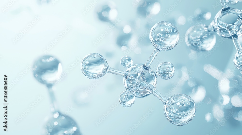 Poster abstract water molecule structure with glossy surface on soft blue background