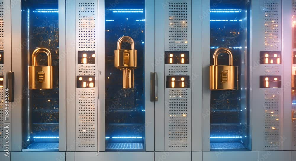 Poster shining padlock is attached to a server rack in a data center representing data security and protect