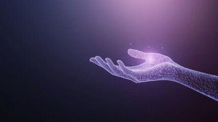 Futuristic digital wireframe hand with glowing particles on dark background