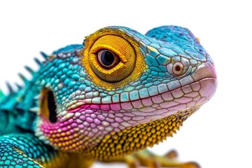 Fototapeta premium Detailed Portrait of a Colorful Iguana with Yellow Eye on White