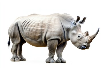 Fototapeta premium Standing Rhinoceros Portrait Isolated on White Background for Wildlife Conservation