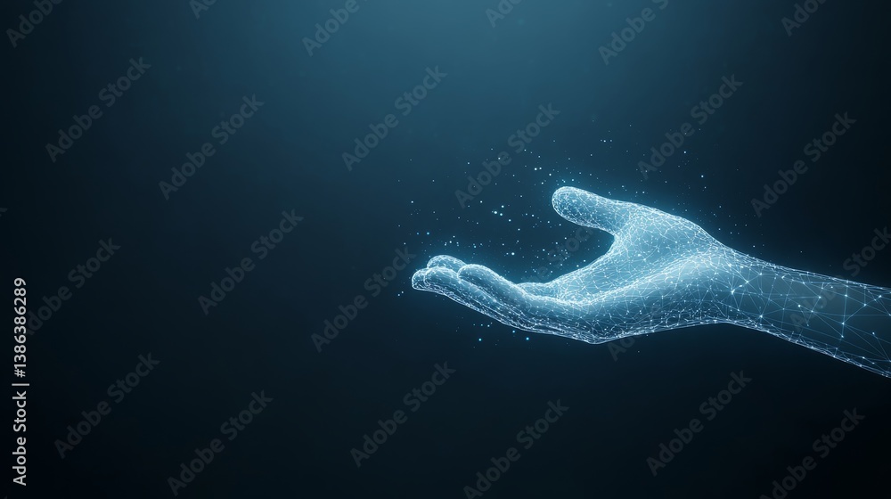 Poster digital wireframe hand with floating particles in a dark blue space