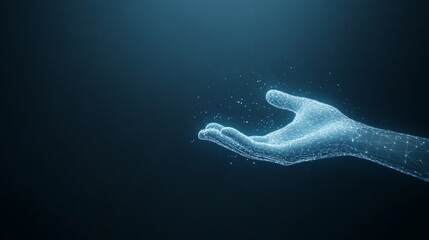 Digital wireframe hand with floating particles in a dark blue space