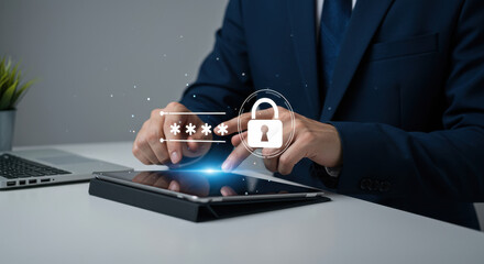 Secure Login: Man Enters Password on Tablet. Data Protection & Cyber Security Visuals. Digital Safety, Business Tech, and Peace of Mind.