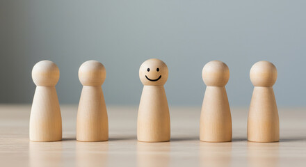 Wooden People: Stand Out, Be Happy! Teamwork, Individuality & Leadership Concepts. Minimalism, Positivity & Motivation.