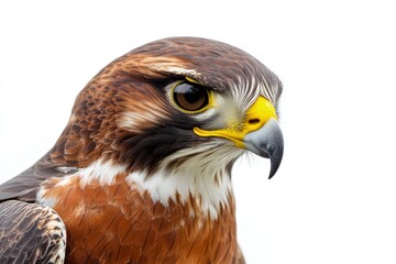 Fototapeta premium Close-up of a Brown Hawk with Sharp Features Against White Background