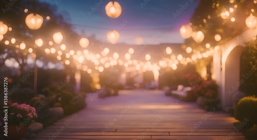 Poster hazy view of colorful banners and ling string lights in a garden gathering 4k