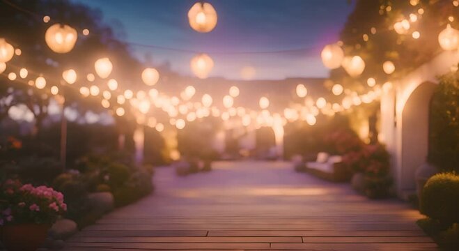 Hazy view of colorful banners and ling string lights in a garden gathering 4K